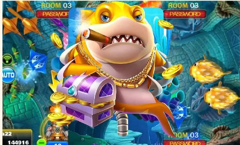 Adegan target ikan dan meriam dalam permainan arcade