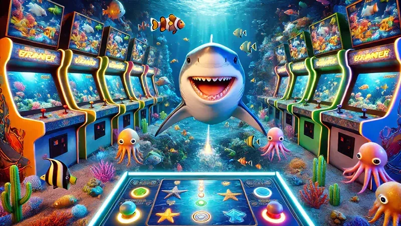 Layar permainan tembak ikan dengan target bergerak